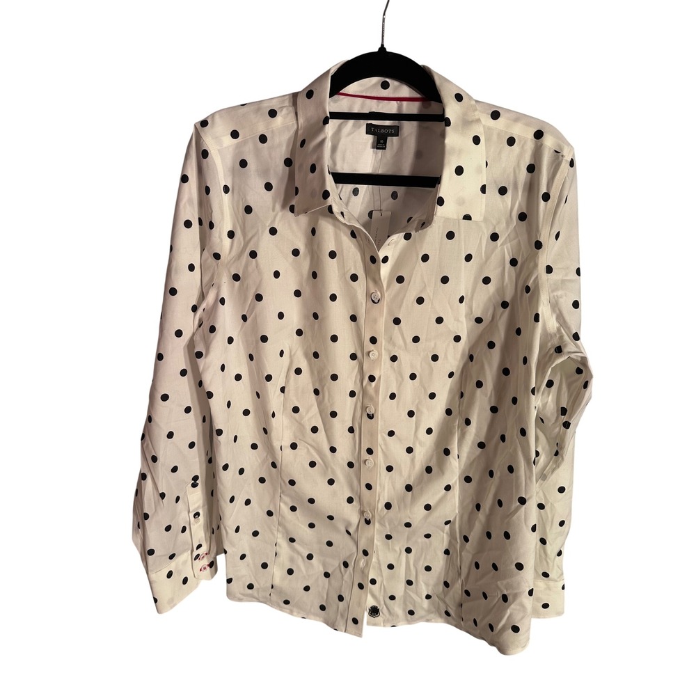 Talbots Non-Iron Shirt Womens 16 White Black Polka Dot Button Down Blouse NEW